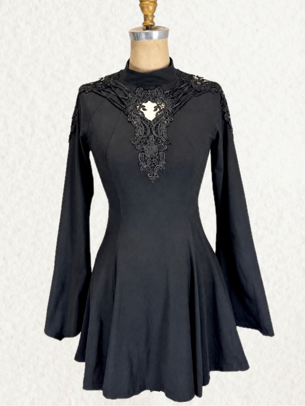 Punk Rave embroidered floral lace black dress midi mini fit flare long sleeve XS